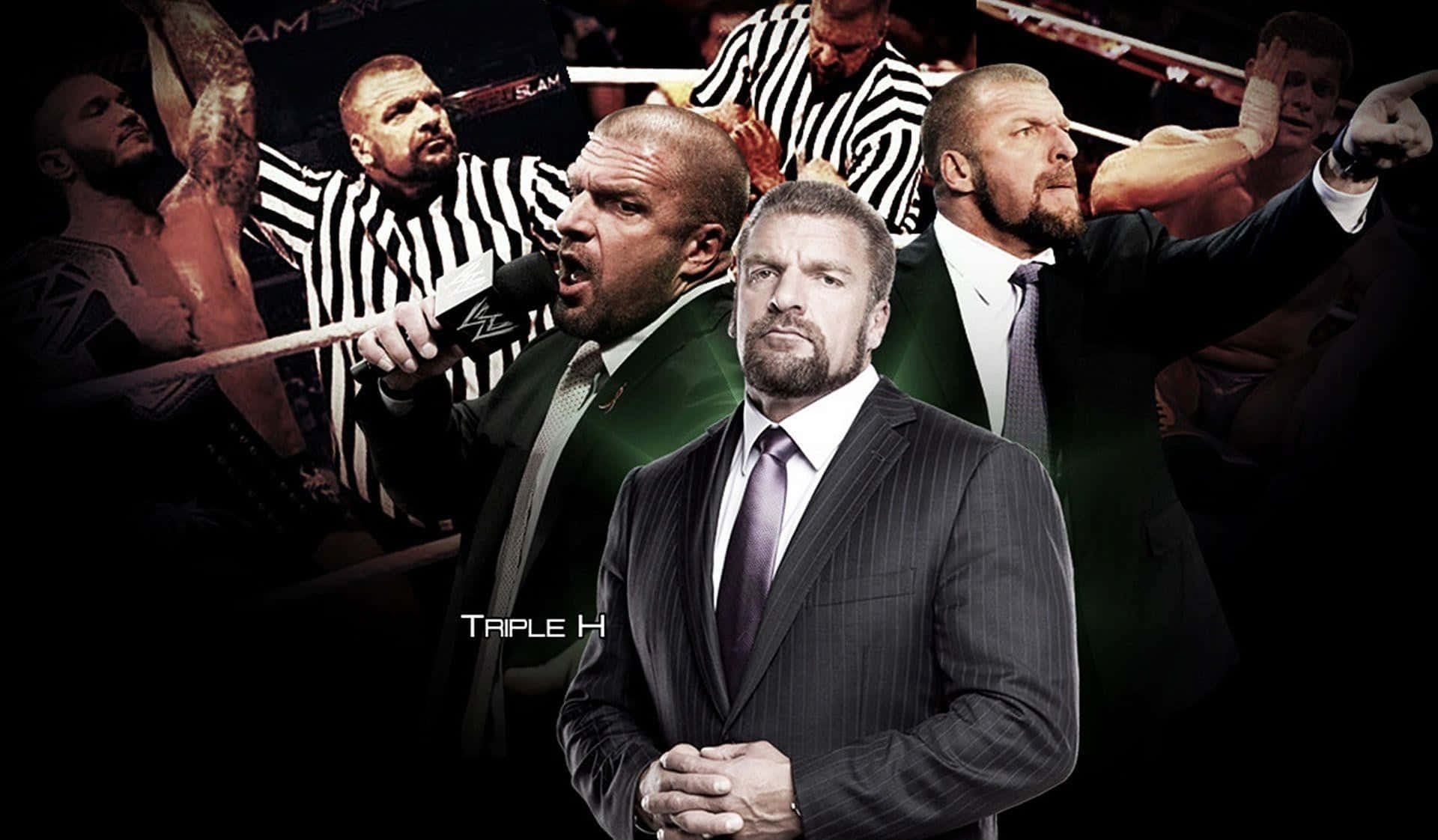 triple h 桌布 壁紙 — WWE摔角手與官員在擂台上的戲劇性拼貼，中心是穿著俐落西裝的Triple H。