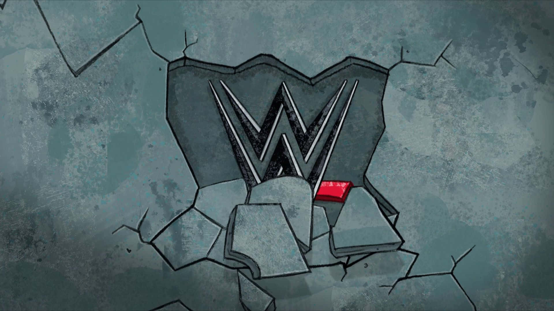 WWE Logo 桌布 壁紙 — WWE標誌以粗獷數位藝術風格穿過裂縫混凝土牆，帶有紅色點綴。