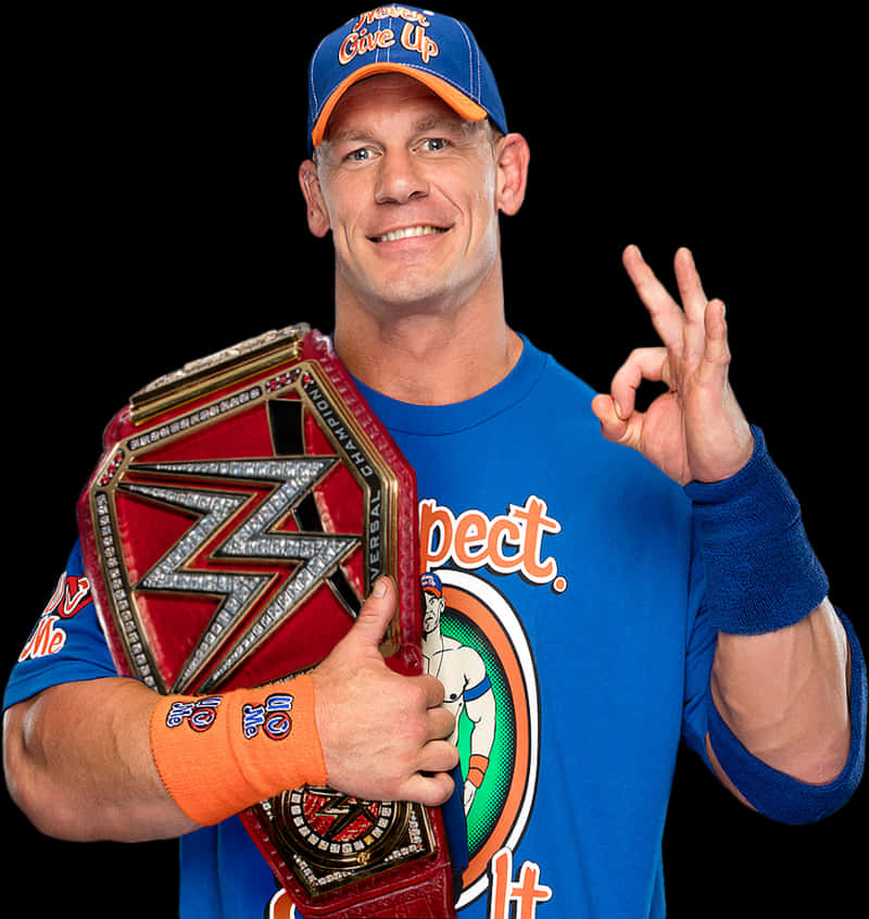 WWE 桌布 壁紙 — WWE超級巨星約翰·希南自信地微笑，手持冠軍腰帶並做出OK手勢。