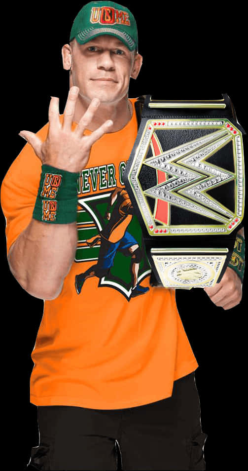 WWE 桌布 壁紙 — WWE超級巨星約翰·希南自信地擺姿勢，手持冠軍腰帶並做出他的標誌性手勢。