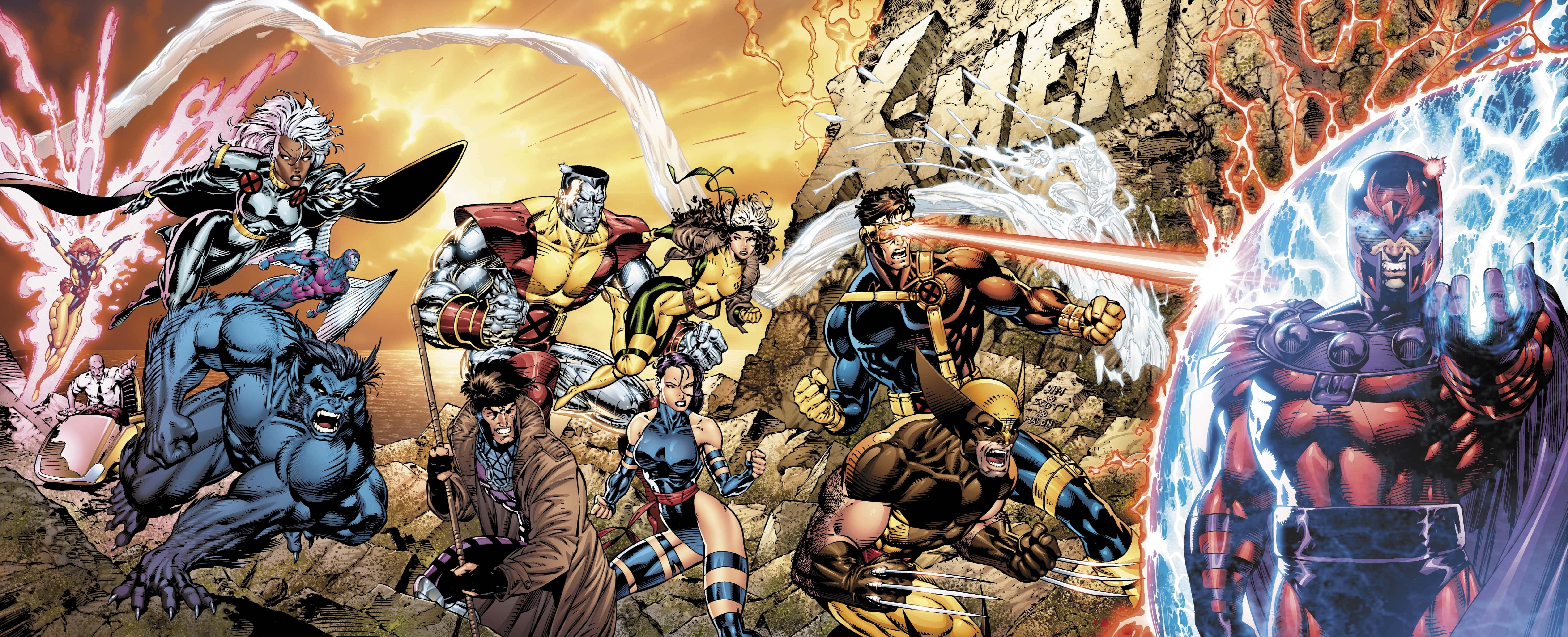 Comics 桌布 壁紙 — X-Men 團隊在岩石峽谷中與 Magneto 戰鬥，伴隨著爆炸性能量衝擊和動態漫畫動作。