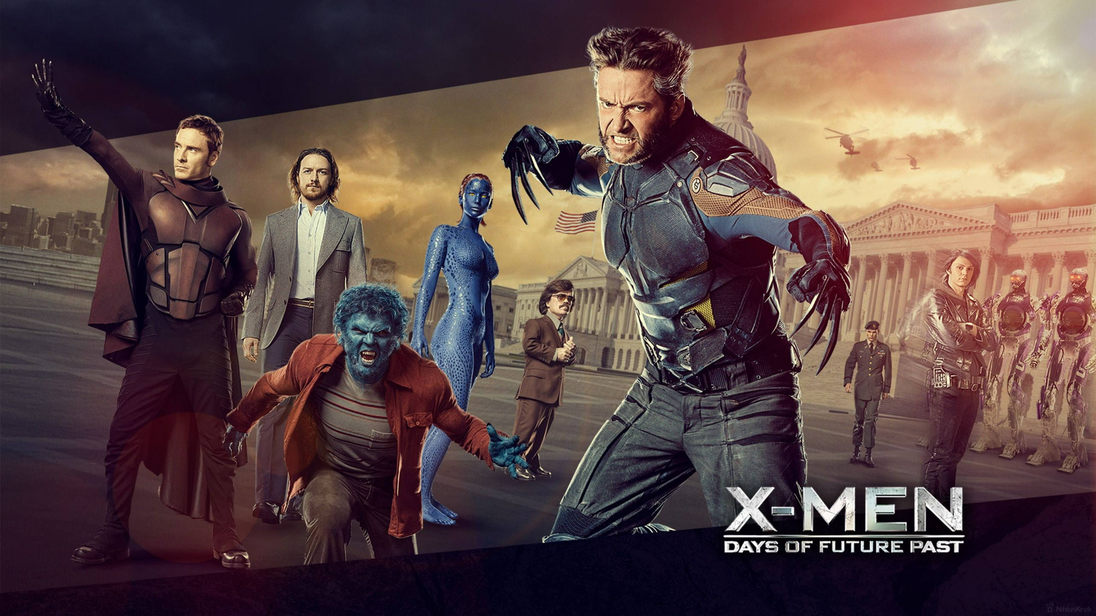 Hugh Jackman 桌布 壁紙 — X-Men 團隊在火紅的夕陽天空下，挑釁地站在反烏托邦的國會大廈前。
