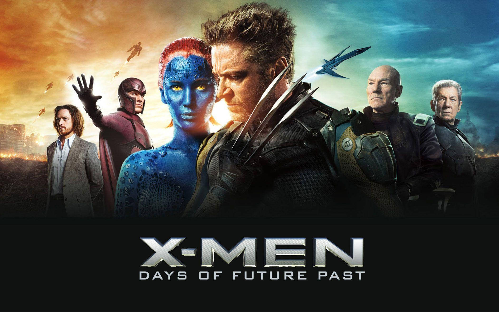 X 桌布 壁紙 — X-Men 英雄以戲劇性的陣型站立，背景是熾熱的日落天空，有飛行的變種人和未來主義的城市。