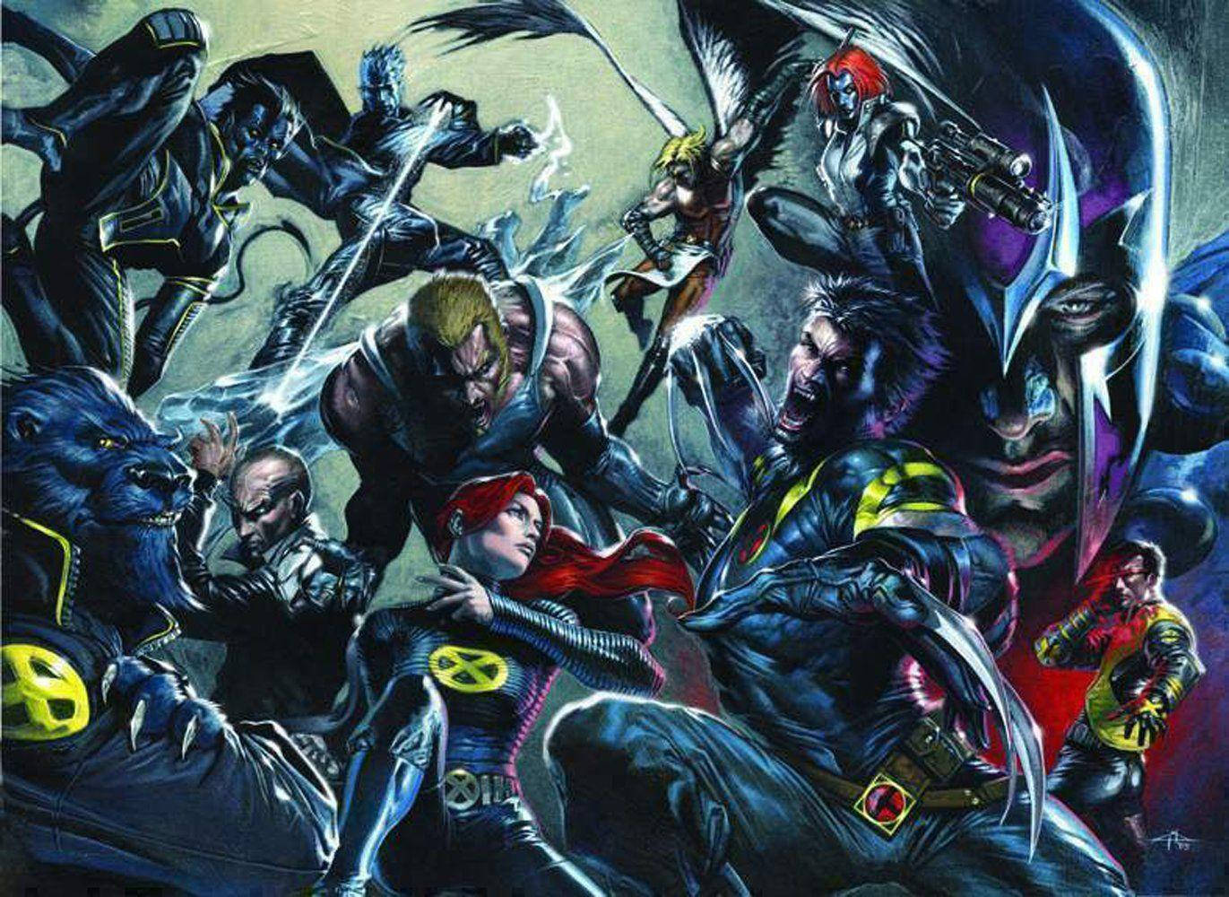 X 桌布 壁紙 — X-Men 變種人動態漫畫插圖，展現激烈戰鬥姿勢及發光能量效果。