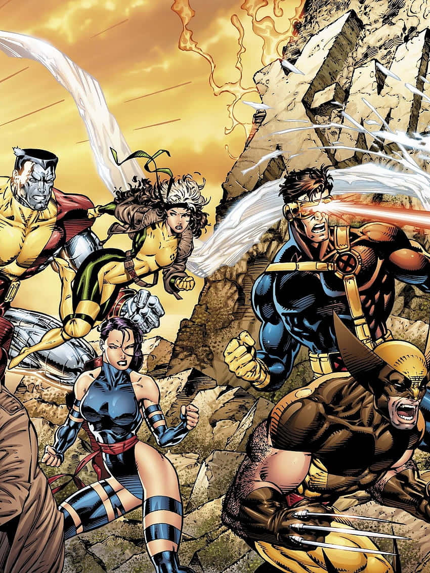 Marvel Comic Book 桌布 壁紙 — X-Men 變種人在 crumbling stone ruins 中戰鬥，天空火橙色，能量爆炸飛舞。