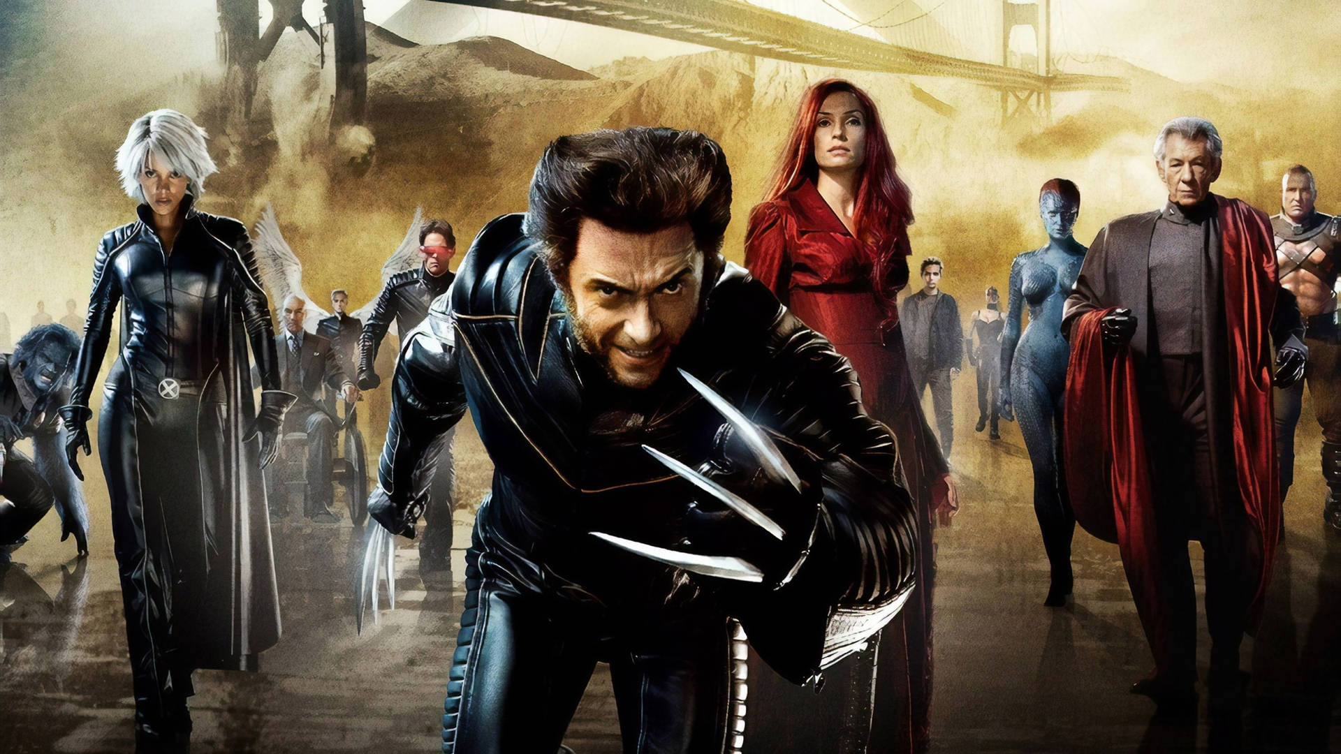 電影動圖 桌布 壁紙 — X-Men 變種人在塵土飛揚的城市戰場上準備就緒，金門大橋在他們身後若隱若現。
