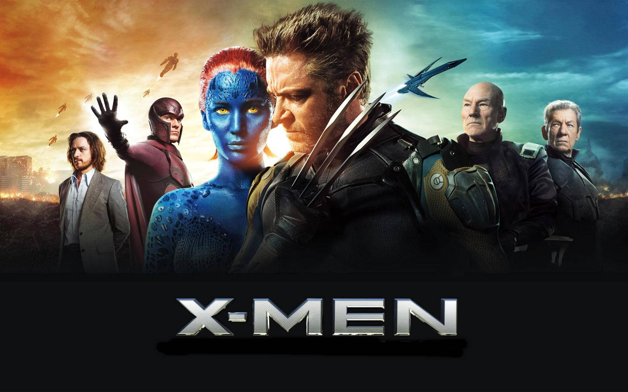 電影動圖 桌布 壁紙 — X-Men 超級英雄的戲劇性群像，他們站在熾熱的日落天空前，背景中有飛行的變種人。