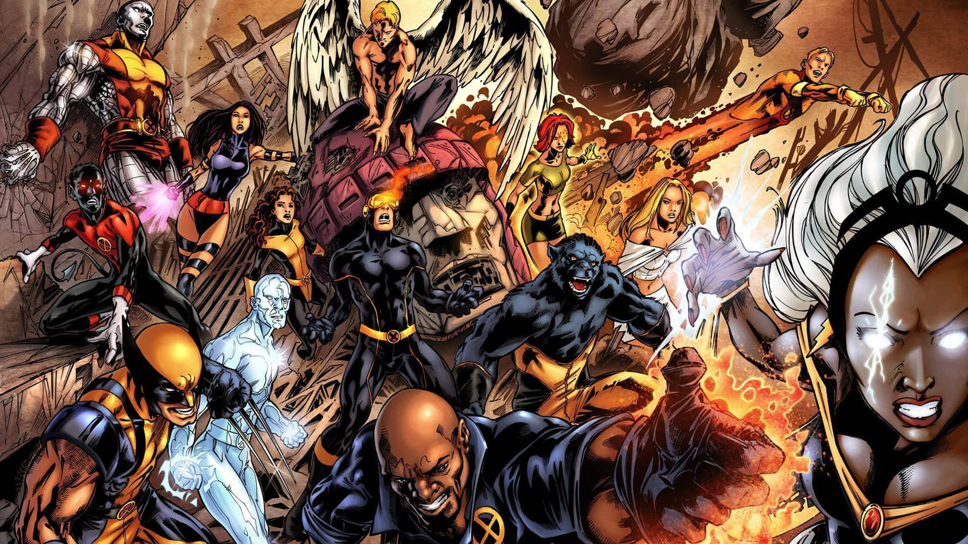 Marvel Comic Book 桌布 壁紙 — X-Men角色在戰鬥中，伴隨著熾熱爆炸和戲劇性姿勢的動態漫畫插圖。