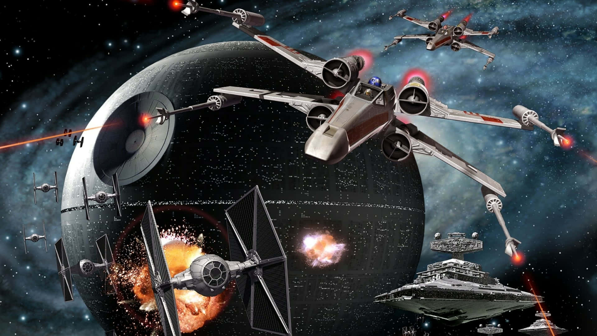  壁紙 — X-wing 戰機在滿佈星空的太空戰場中，圍繞死星與 TIE 戰機和星際驅逐艦作戰。