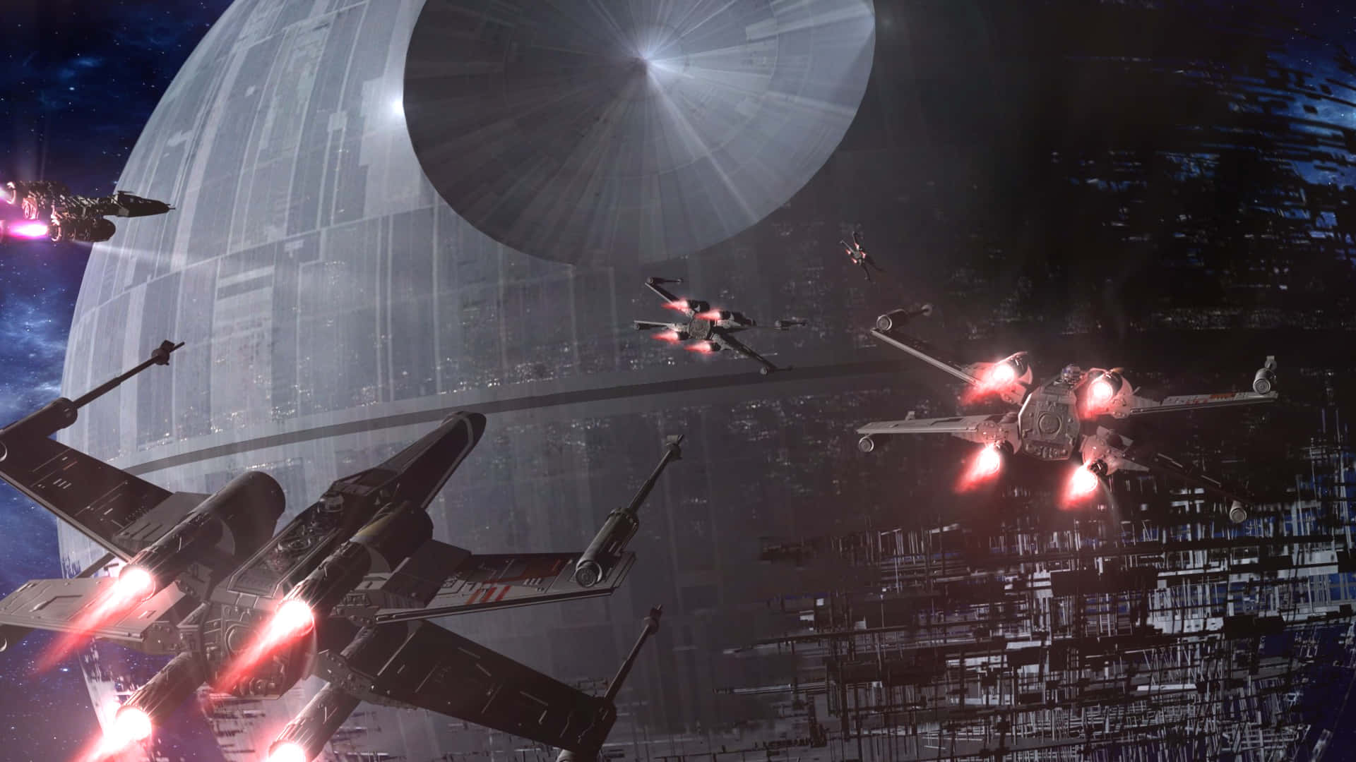  壁紙 — X-wing 戰機在死星附近的太空中疾馳，紅色引擎在星空背景下發光。