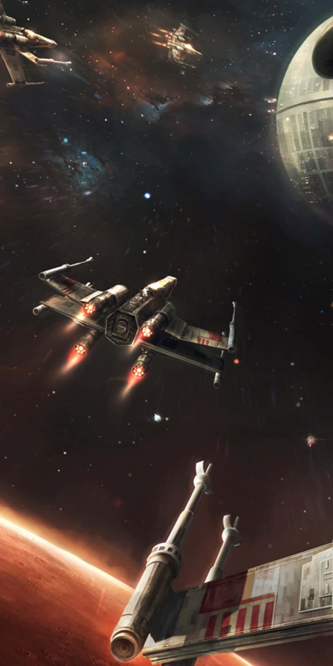Star Wars X Wing 桌布 壁紙 — X-wing 戰機在充滿星星的太空、行星和死星附近翱翔，引擎拖曳著火焰。