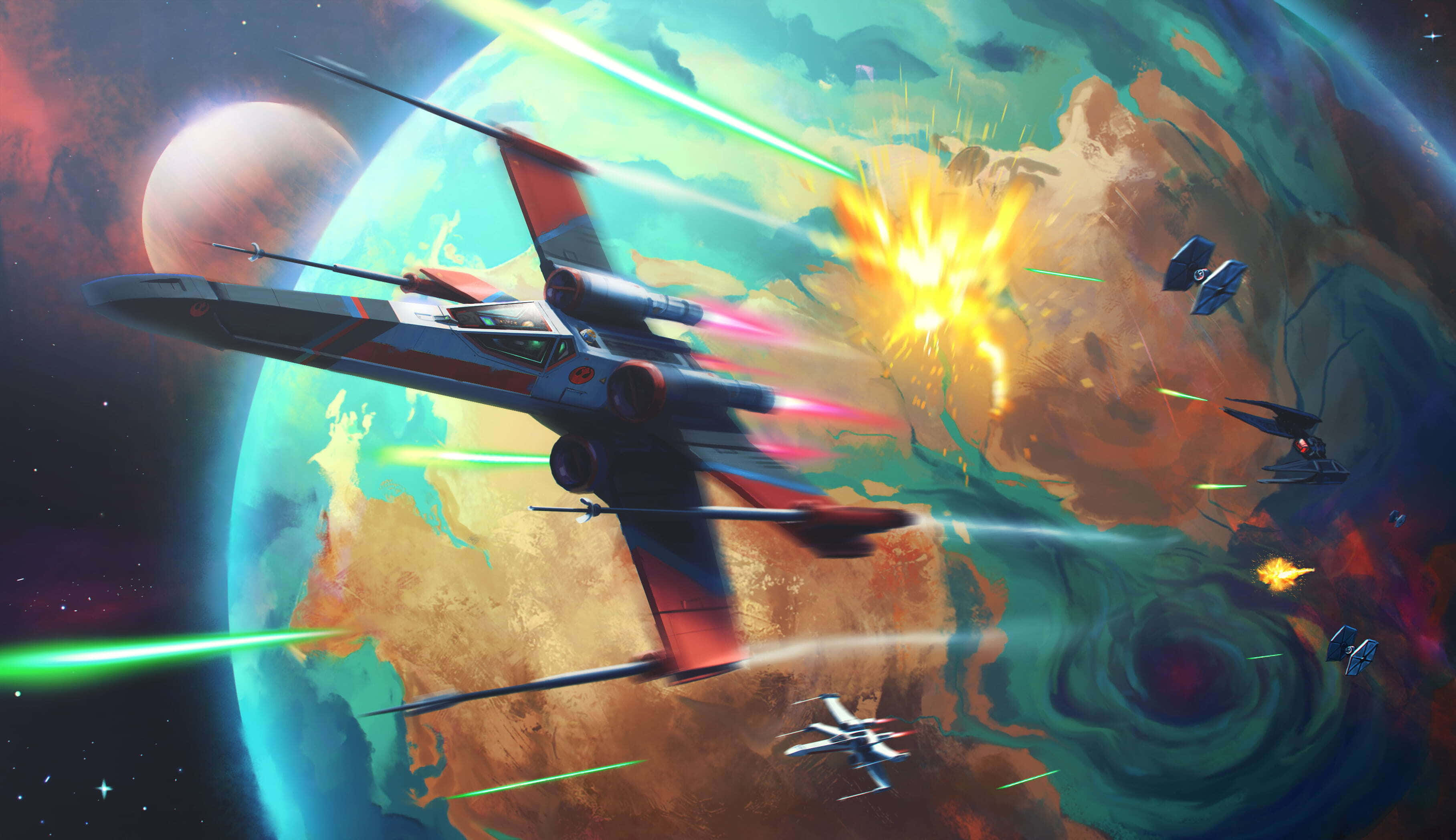 X-wing Fighter 桌布 壁紙 — X-wing 戰機在色彩繽紛的行星附近進行宇宙纏鬥，發射綠色雷射，背景有爆炸和星空。