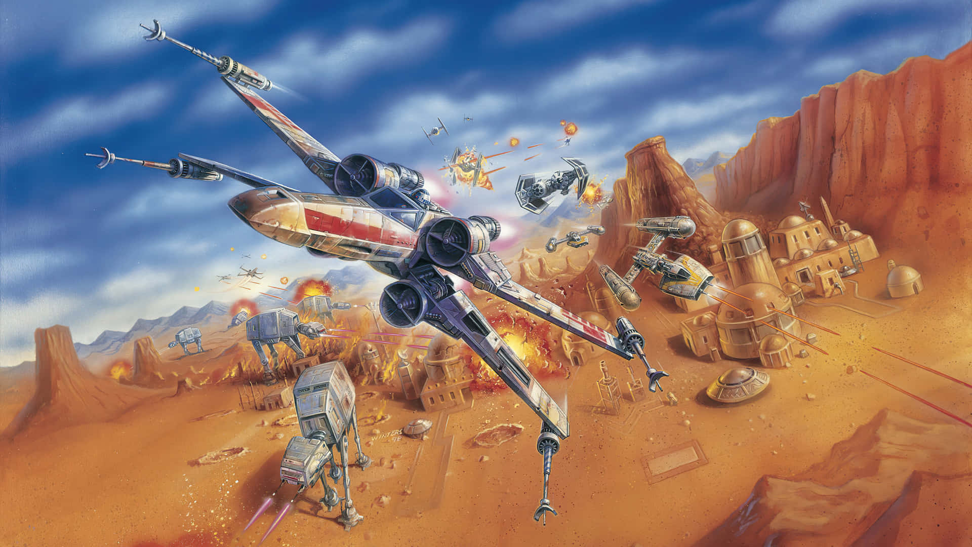 Podracing 桌布 壁紙 — X-wing 戰機在藍天下與 AT-AT 步行機和 TIE 戰機在一個有圓頂建築和岩石懸崖的沙漠星球上戰鬥。