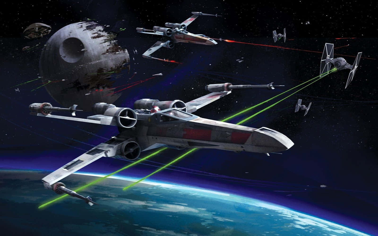 X-wing Fighter 桌布 壁紙 — X-wing 戰機在藍色星球上空的死星附近向 TIE 戰機發射綠色雷射。