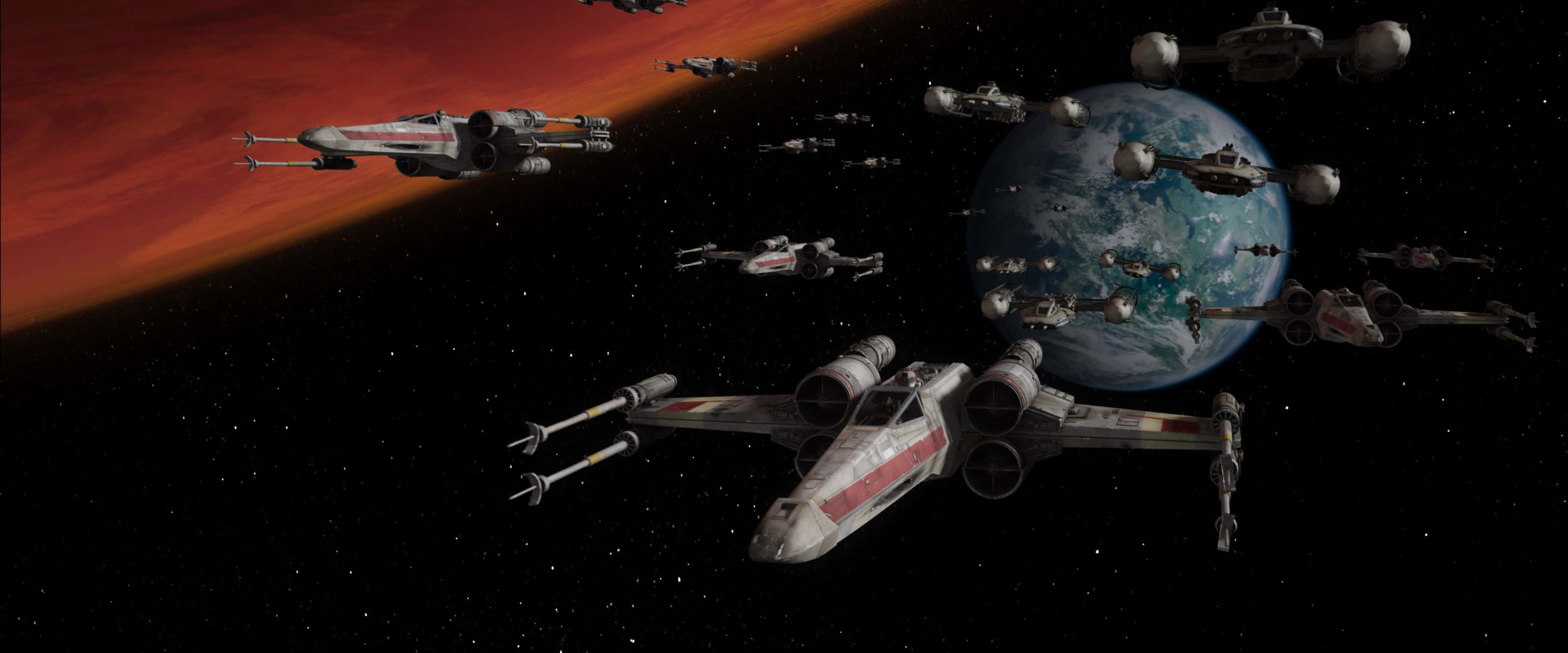 The Battle Of Yavin 桌布 壁紙 — X-wing 星際戰機在星空翱翔，靠近一個帶有紅色調大氣層的藍色星球。