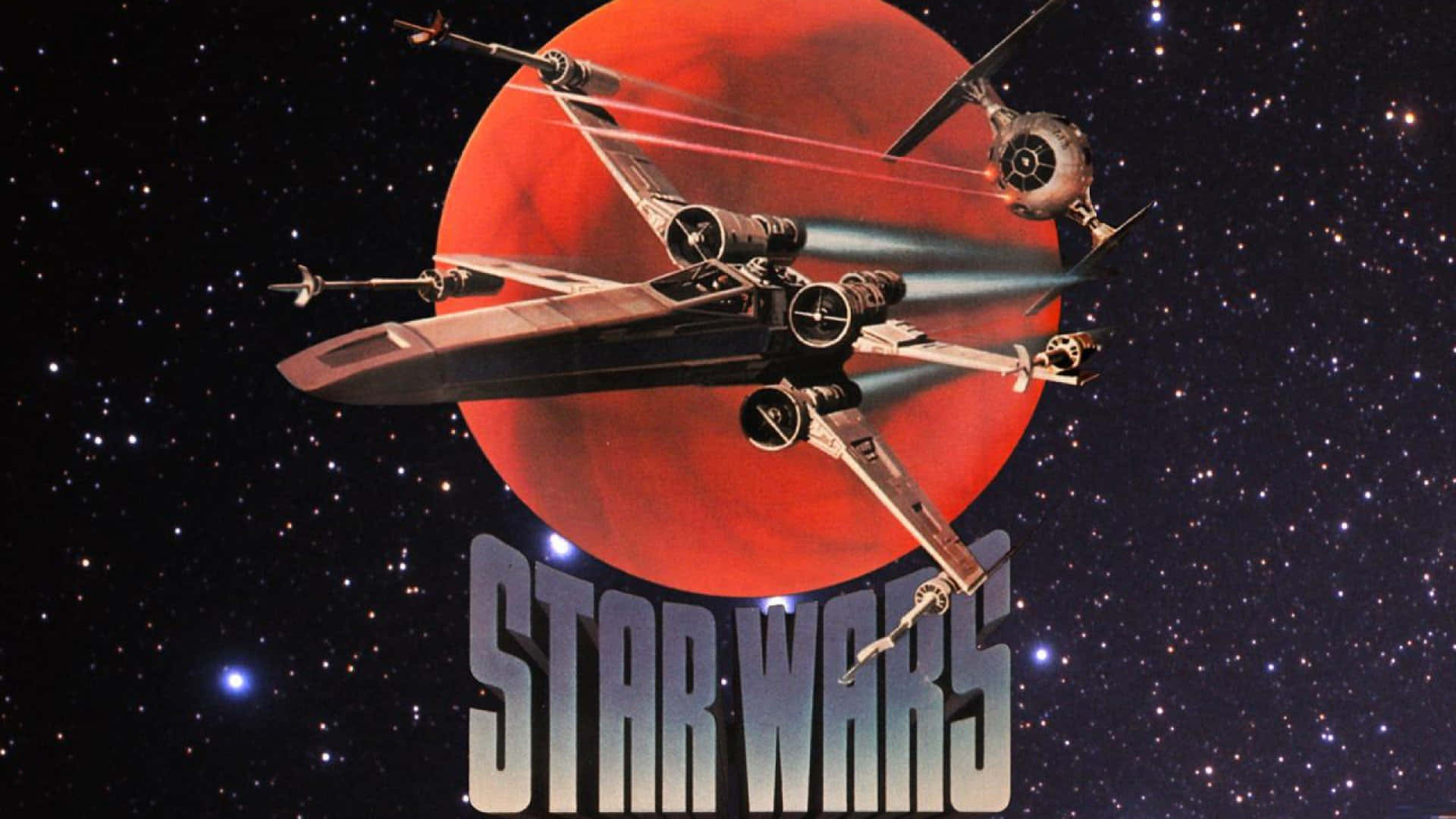 Star Wars X Wing 桌布 壁紙 — X-wing 星際戰機在滿天星斗的太空場景中，對著一顆巨大的紅色星球翱翔，並帶有「STAR WARS」標誌。