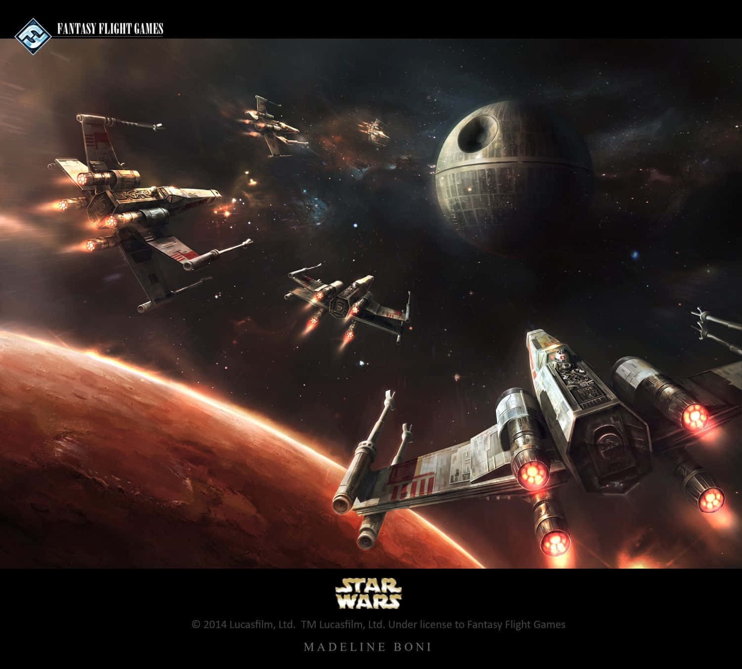 The Battle Of Yavin 桌布 壁紙 — X-wing戰機在紅色星球附近的太空中翱翔，死星在背景中隱約可見。