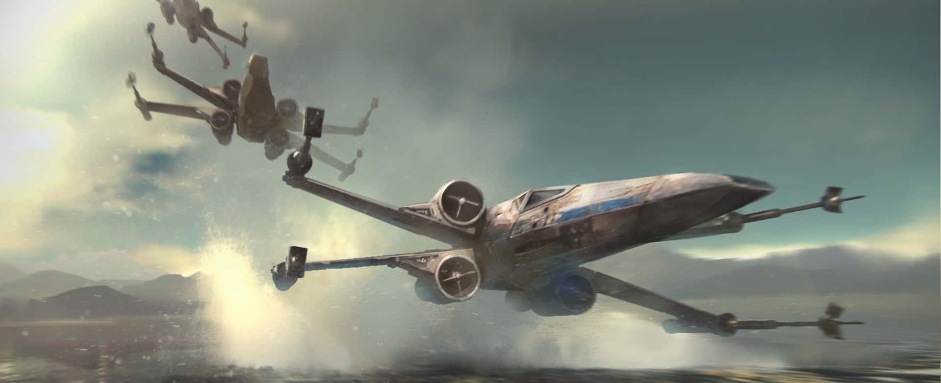 X-wing Fighter 桌布 壁紙 — X-wing星際戰鬥機在霧氣籠罩的行星表面上空的陰雲中穿梭，進行激烈的空中戰鬥。