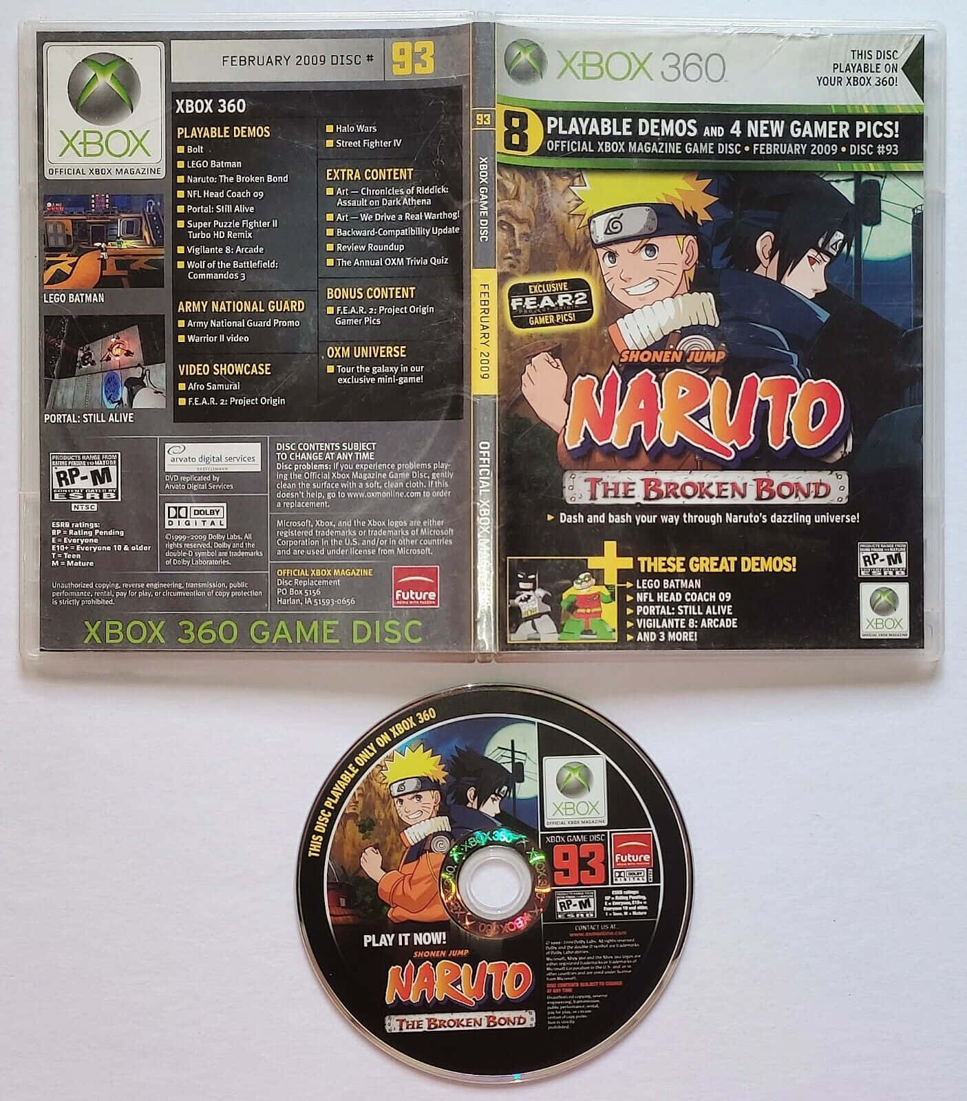 火影忍者 桌布 壁紙 — Xbox 360 遊戲光碟和雜誌封面，用於 Naruto The Broken Bond，帶有鮮豔的動漫角色和演示列表。