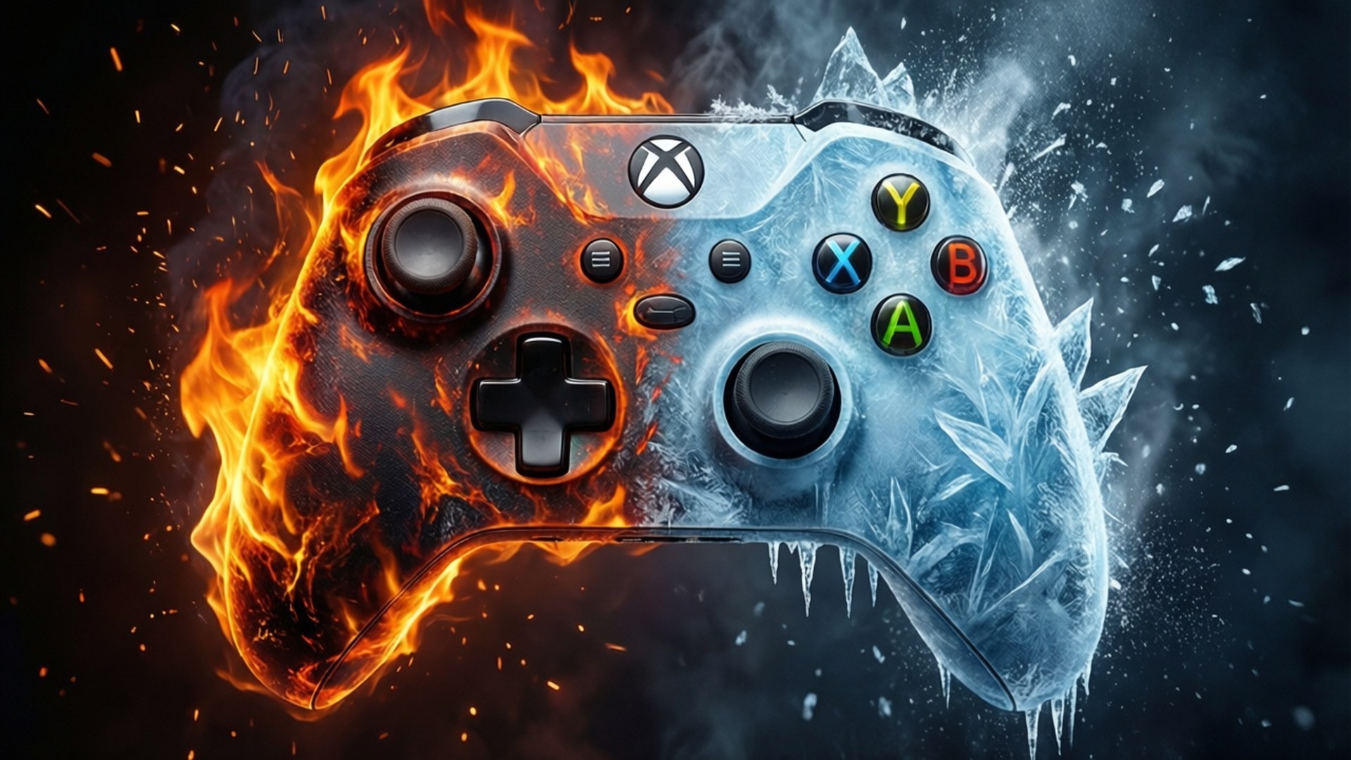 Fire and Ice Controller 壁紙 — Xbox 手把從中間分開，一半被熊熊烈火吞噬，另一半被鋸齒狀冰塊包裹，背景為深色。
