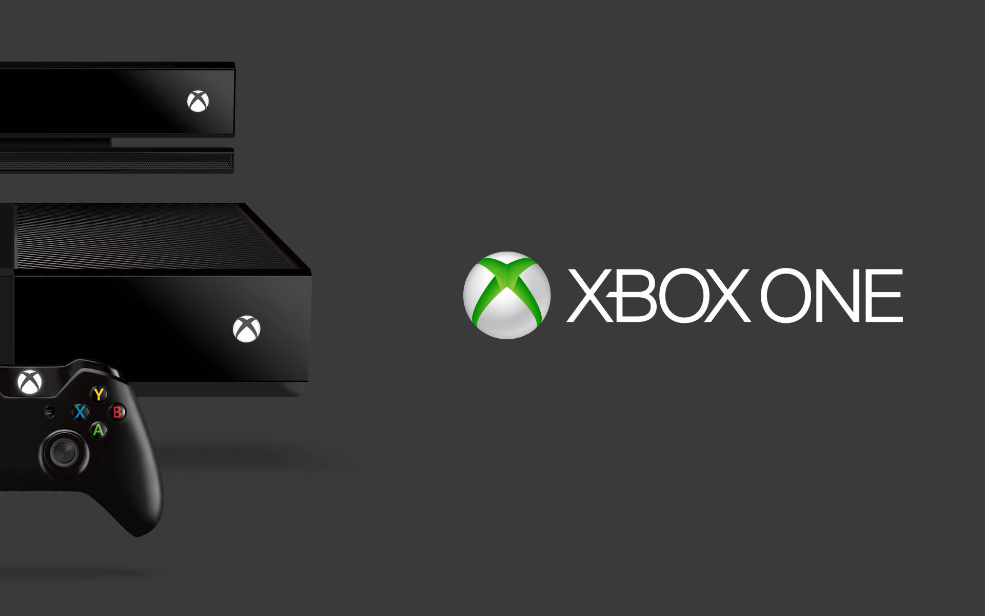 Xbox 桌布 壁紙 — Xbox One 主機和控制器在深灰色背景上展示，帶有 Xbox One 標誌。