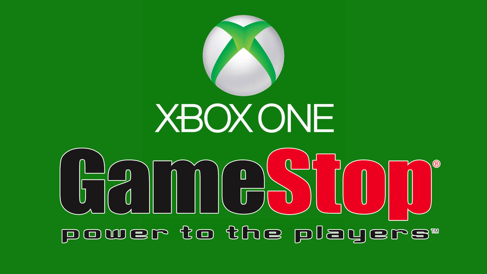 GameStop 桌布 壁紙 — Xbox One 標誌和 GameStop 標誌，附有標語，置於純綠色背景上。