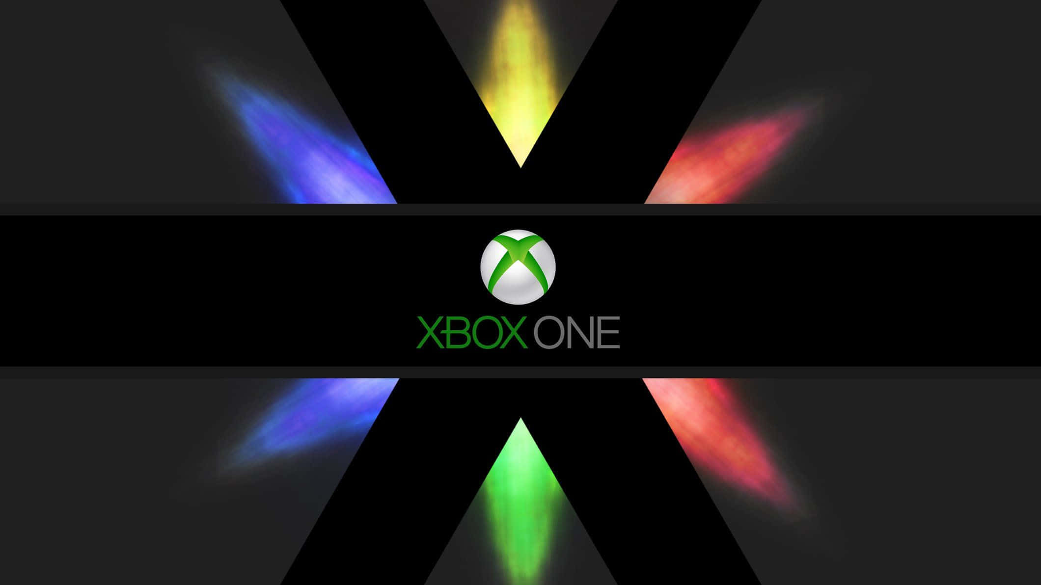 桌布 壁紙 — Xbox One 標誌居中於黑色背景上，帶有從 X 形狀散發出的彩色發光射線。