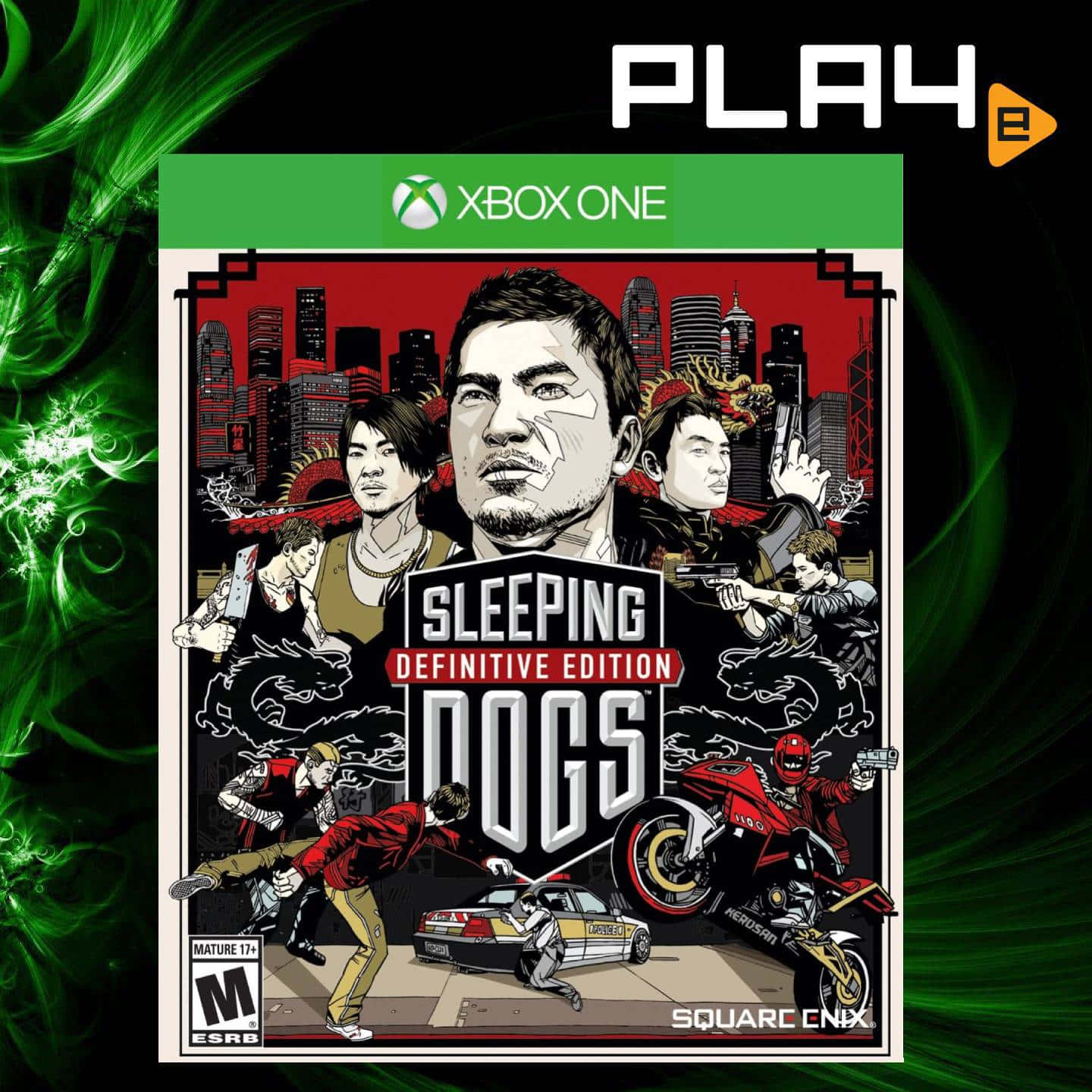 睡狗 桌布 壁紙 — Xbox One 版《Sleeping Dogs Definitive Edition》的風格化遊戲封面，中央男性主角被動作場景包圍，背景為紅色城市景觀，並以發光的綠色抽象漩渦框住。