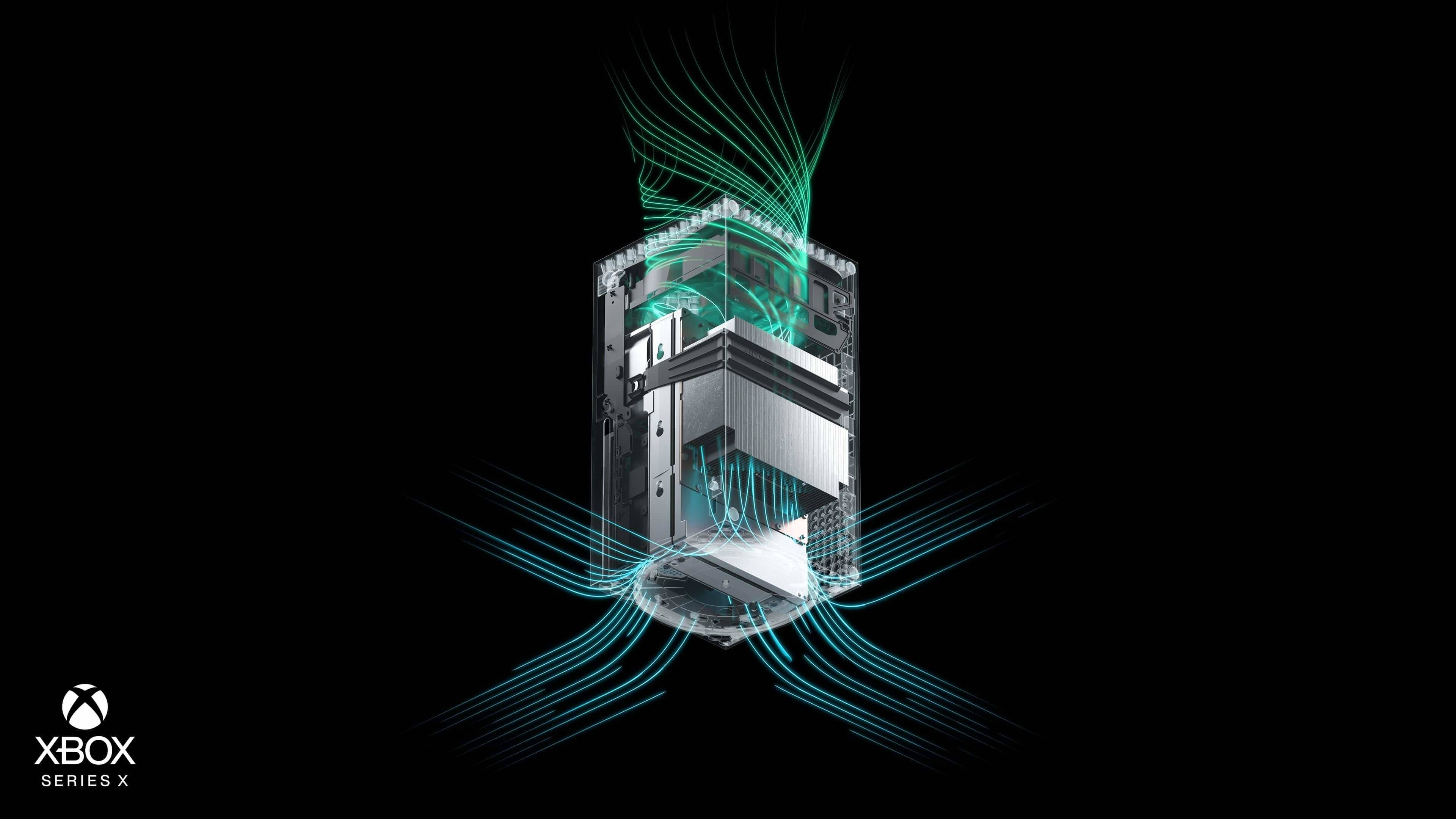 X 桌布 壁紙 — Xbox Series X 主機的剖面圖，在黑色背景上散發著青綠色的能量流。