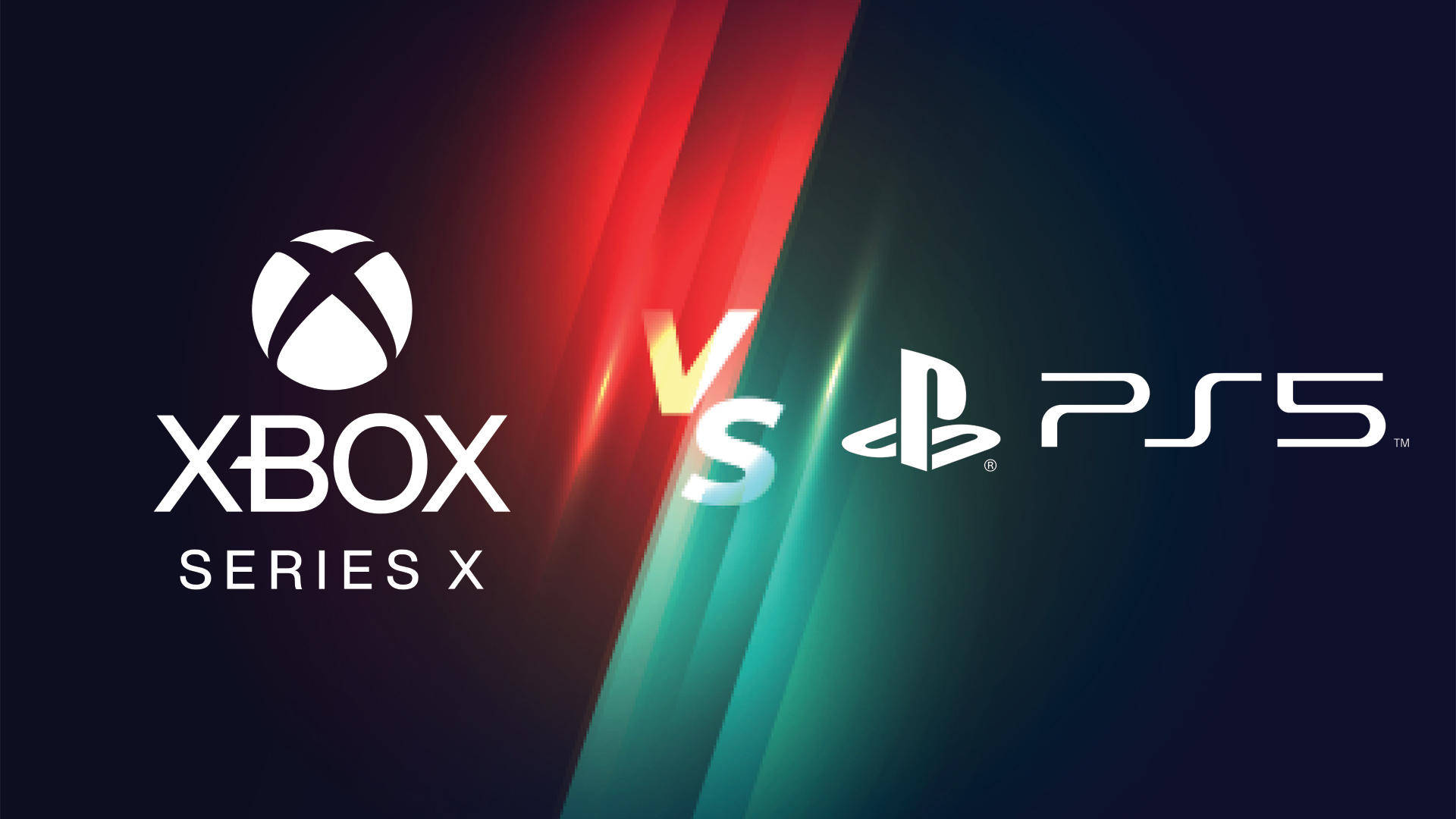 PS5 動態圖片 桌布 壁紙 — Xbox Series X 和 PS5 標誌在鮮豔的紅色和藍綠色分割背景上對峙，帶有發光的燈光條紋。