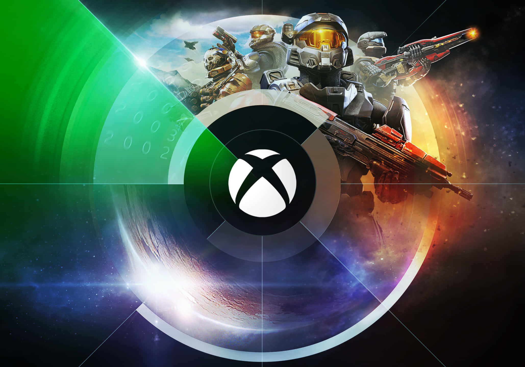 Xbox 桌布 壁紙 — Xbox 標誌位於宇宙環的中心，Halo 士兵穿著未來風格的盔甲，在繁星點點的太空背景下揮舞武器。