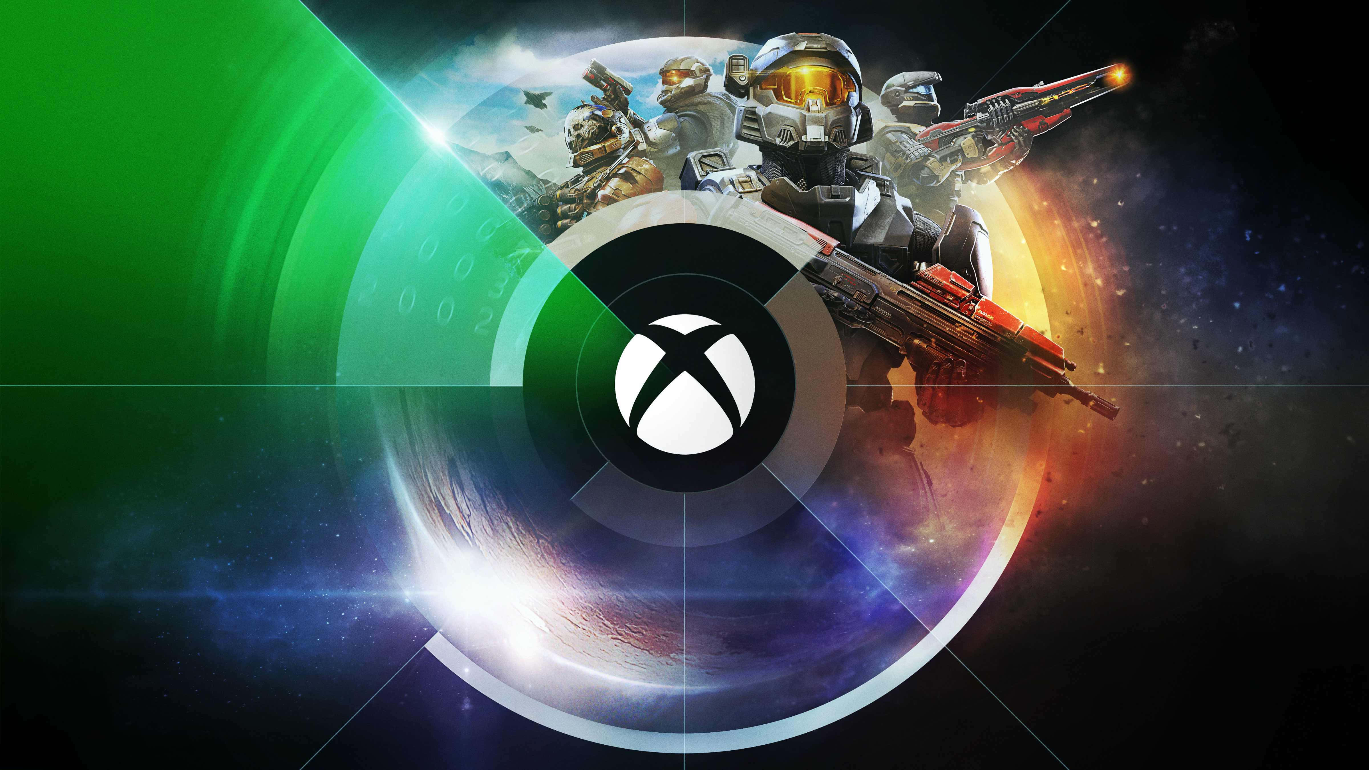 Xbox 桌布 壁紙 — Xbox 標誌位於發光環的中心，太空中有 Halo 士兵，背景為宇宙。
