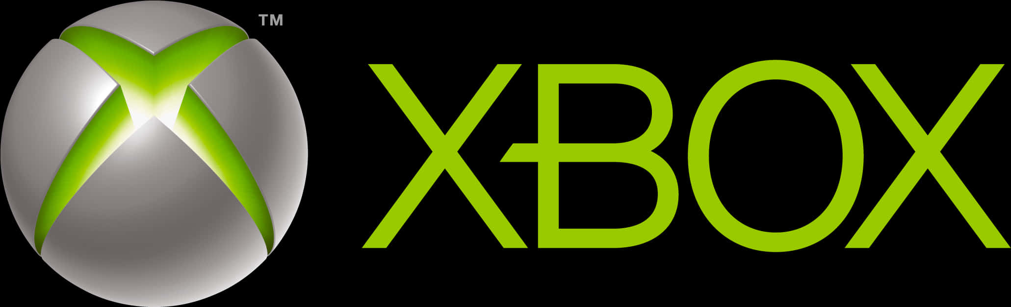 Xbox 桌布 壁紙 — Xbox 標誌在黑色背景上，銀色球體上有一個發光的綠色 X，旁邊是粗體綠色文字。