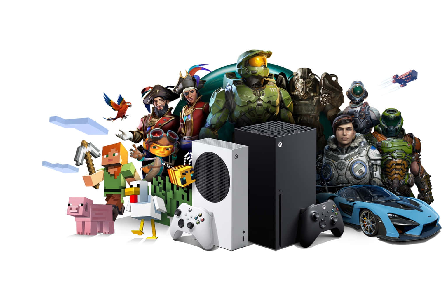 Xbox 桌布 壁紙 — Xbox 遊戲角色和硬體的鮮明拼貼，包括 Halo Master Chief、Minecraft Steve 和藍色跑車。