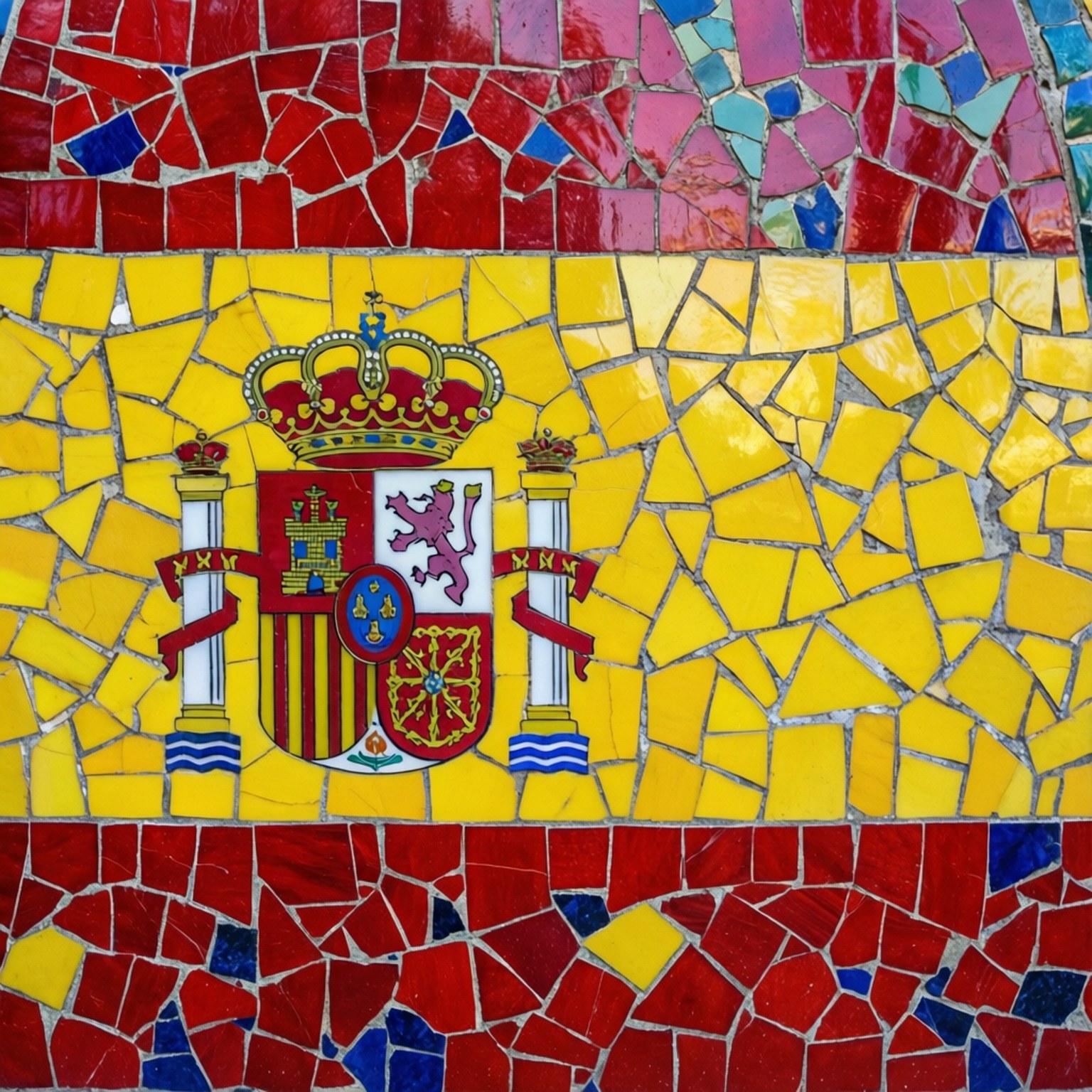 Mosaic Tile Flag 壁紙 — 一幅充滿活力的馬賽克藝術品，描繪西班牙國旗，其國徽居中，背景為黃、紅、藍色瓷磚。