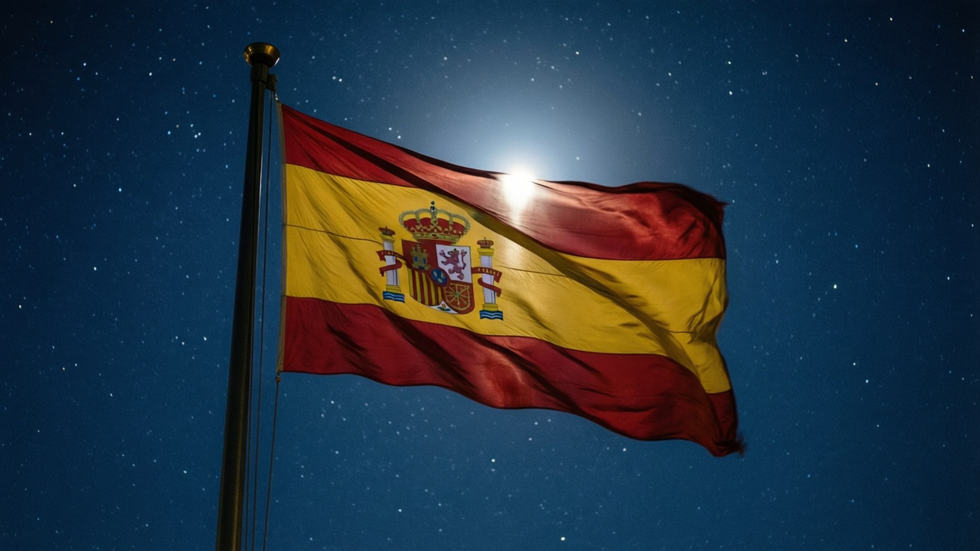 Night Moonlight Flag 壁紙 — 西班牙國旗在繁星點點的夜空下自豪地飄揚，月光在背後閃耀。