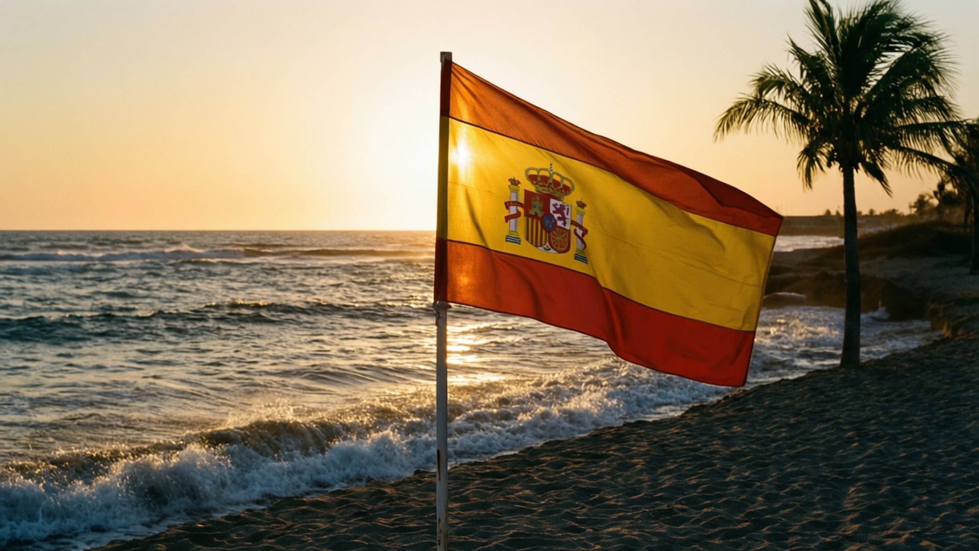 Beach Sunset Flag 壁紙 — 西班牙國旗在金色日落、棕櫚樹和海浪的沙灘上飄揚。