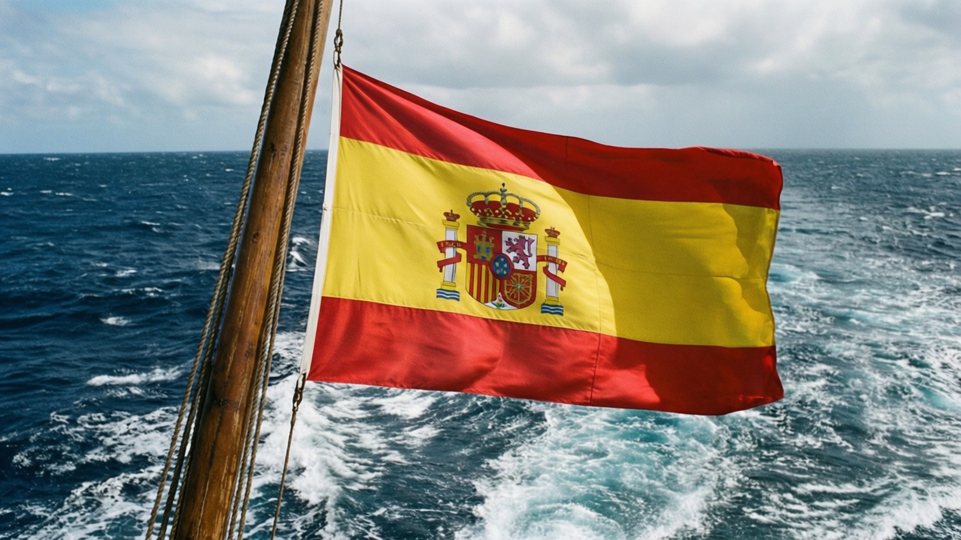Flag on the High Seas 壁紙 — 西班牙國旗在木製桅杆上大膽飄揚，背景是翻騰的藍色海洋和多雲的天空。
