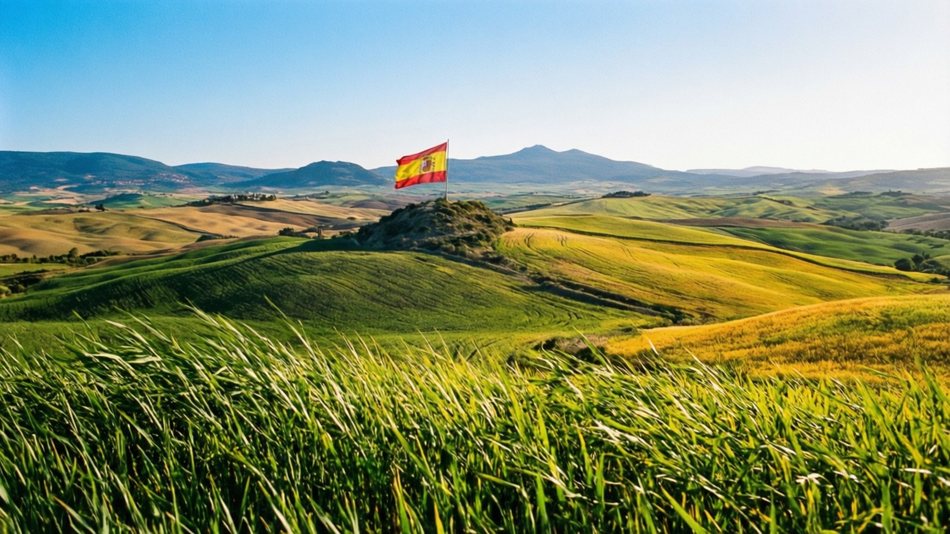 Spain Flag Countryside 壁紙 — 一面西班牙國旗在岩石山頂飄揚，俯瞰著金色和綠色的連綿起伏山丘，天空湛藍清澈。