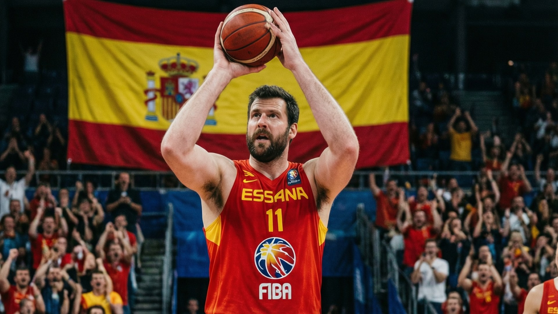 Spanish Three-Pointer 壁紙 — 一名身穿紅色11號球衣的西班牙籃球運動員準備投籃，背後有西班牙國旗和歡呼的人群。