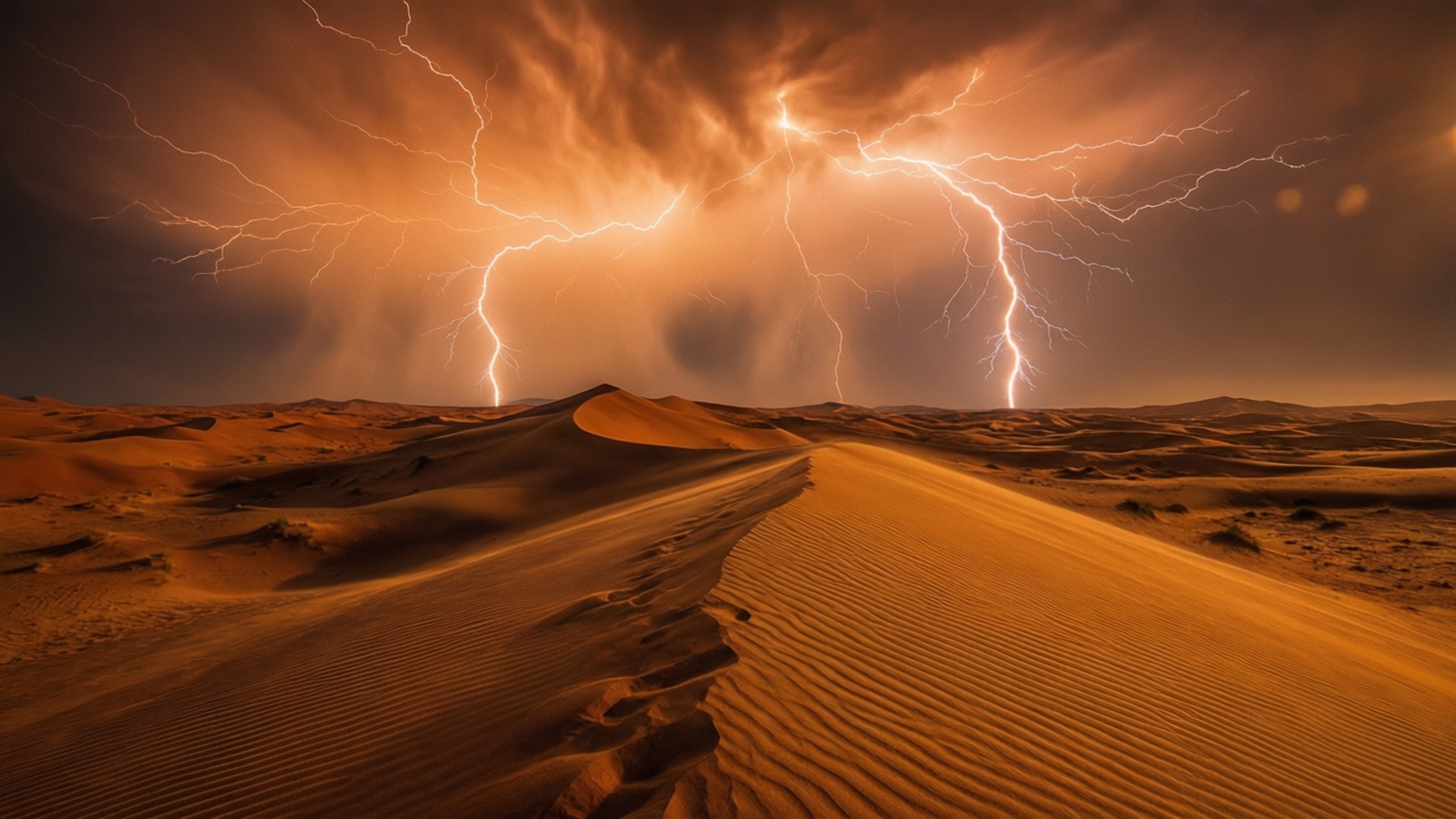 Desert Storm Lightning 壁紙 — 戲劇性的沙漠景觀，金色沙丘在暴風雨的天空下被鮮豔的橙色閃電照亮。
