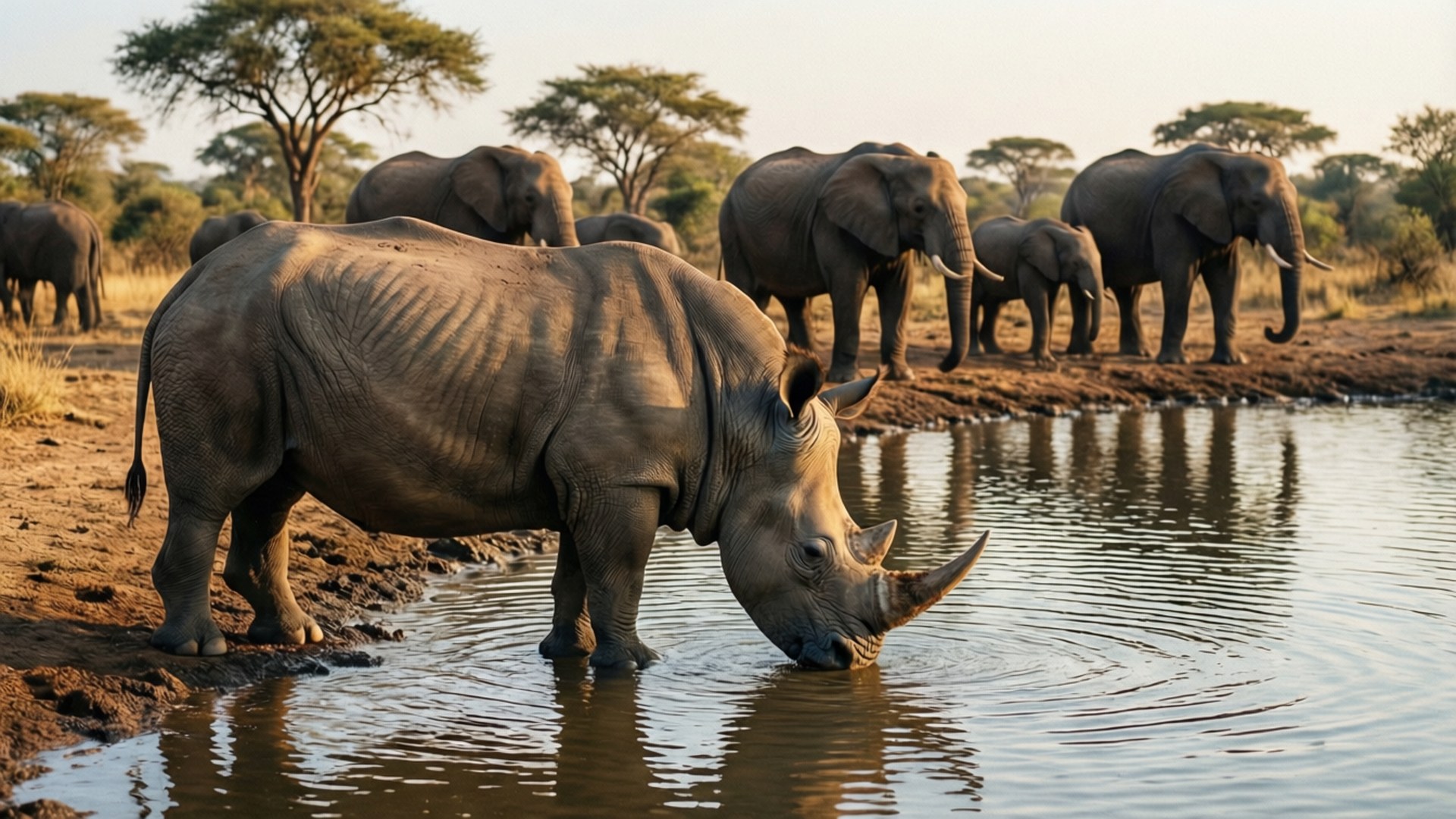 Rhino and Elephants 壁紙 — 一頭犀牛在水坑飲水，一群大象站在附近，沐浴在草原的黃金時刻光線中。