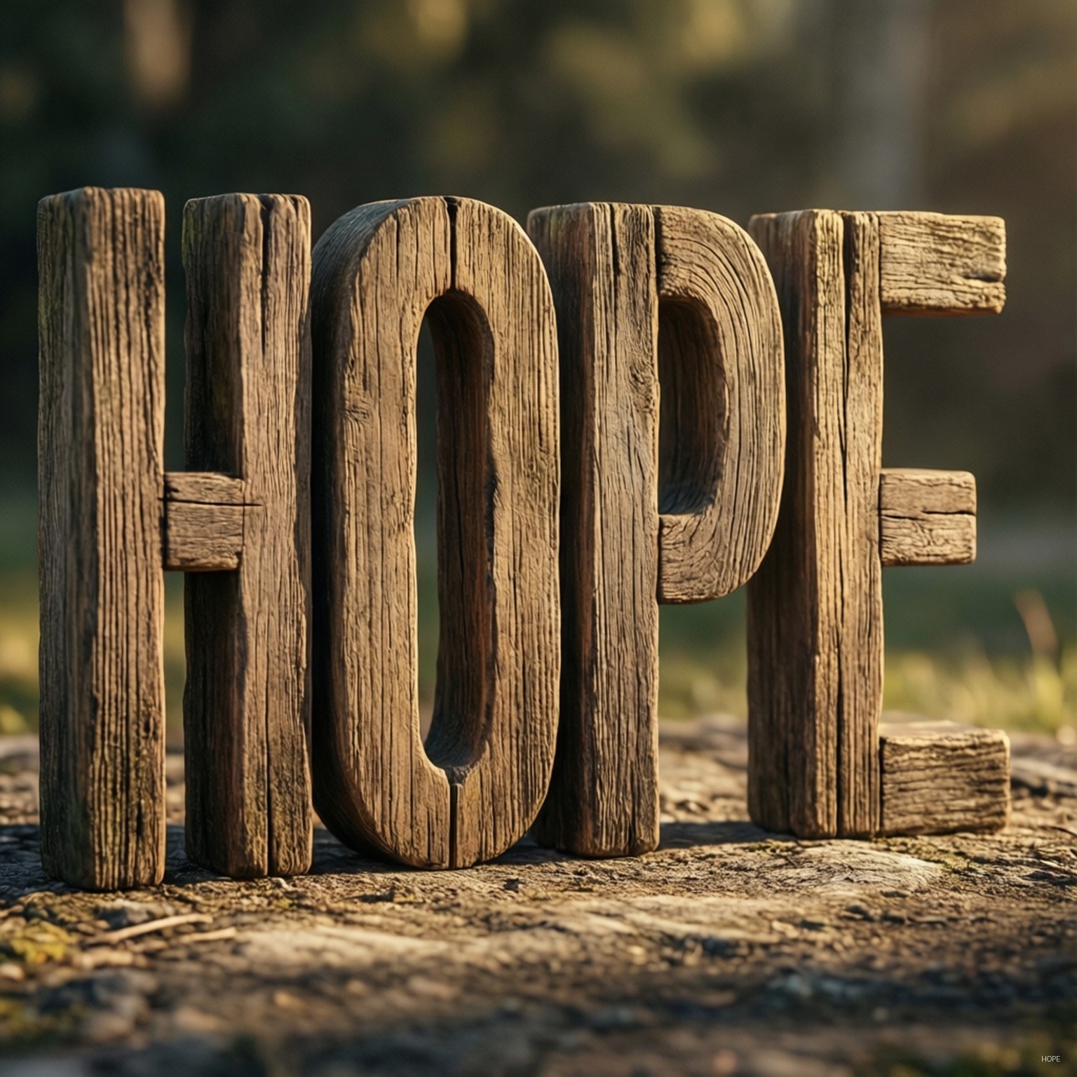 Wooden Hope 壁紙 — 「希望」一詞刻在風化的木質字母上，直立於沐浴在金色陽光中的森林地面。