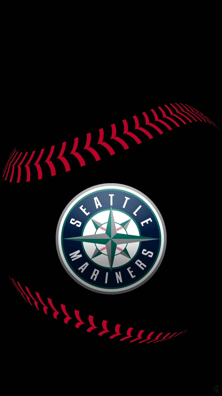 西雅圖水手隊棒球標誌，黑色背景上有紅色縫線。 — MLB 壁紙