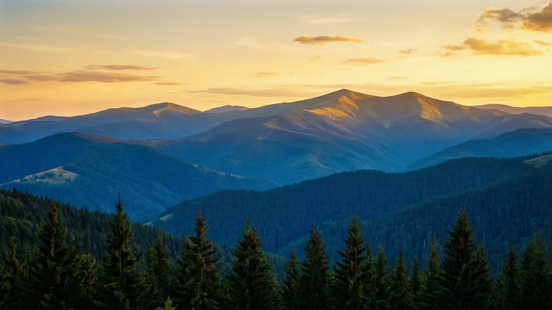 Carpathian Sunset Panorama 壁紙 — 夕陽將層層疊疊的山脊沐浴在金色光芒中，常綠樹木點綴前景。