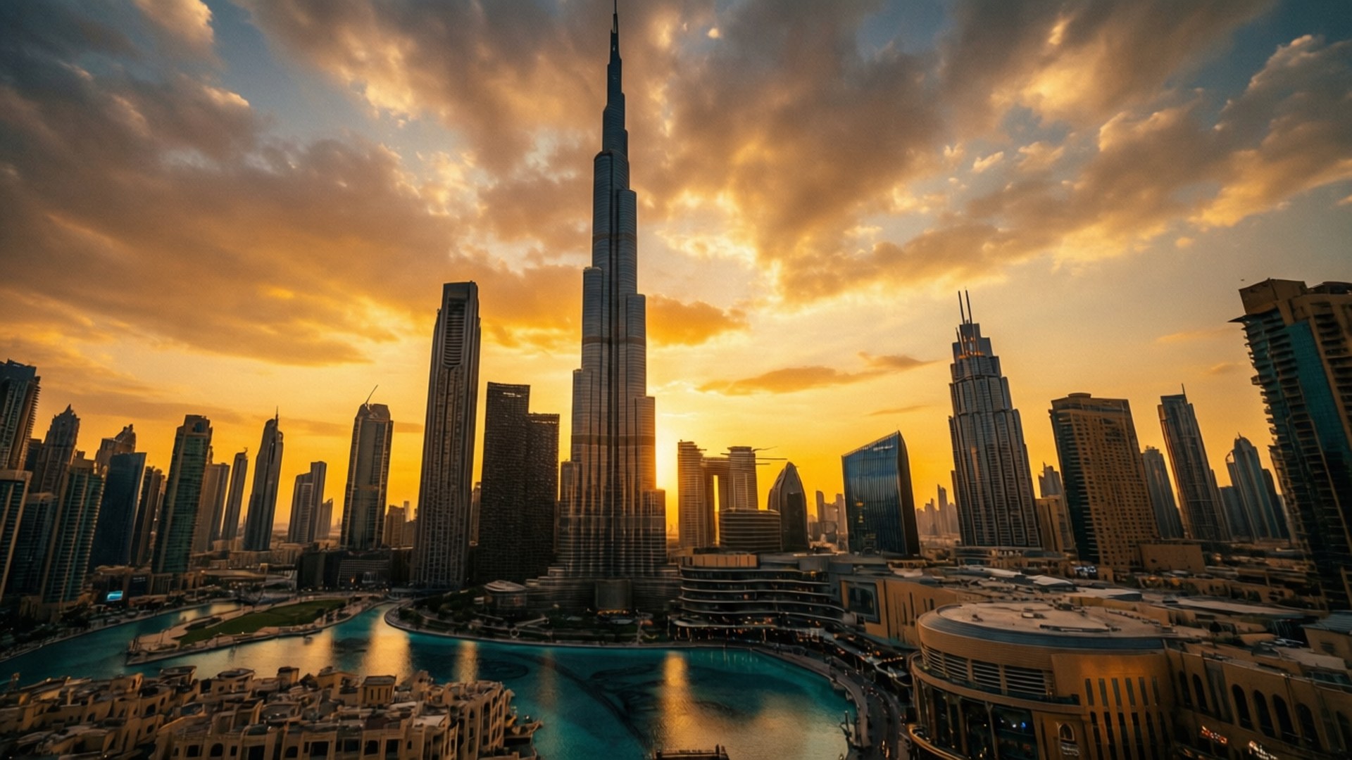 Golden Dubai Sunset 壁紙 — 夕陽將杜拜的天際線沐浴在金色光芒中，哈里發塔聳立於現代摩天大樓和反光水景之上。