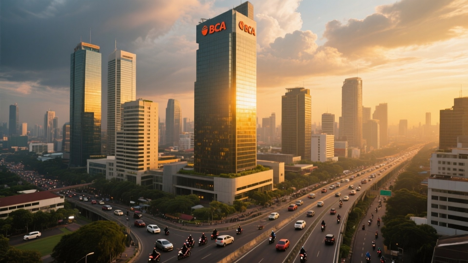 Jakarta Golden Skyline 壁紙 — 夕陽將繁忙的雅加達天際線沐浴在金黃色光芒中，交通在包括BCA大樓在內的摩天大樓下流動。