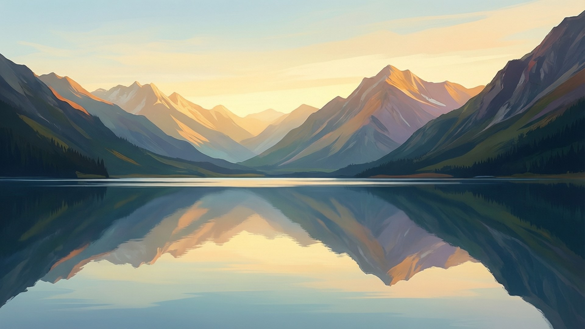Golden Mountain Lake 壁紙 — 夕陽將積雪的山峰沐浴在金色光芒中，完美地倒映在寧靜的高山湖泊上。
