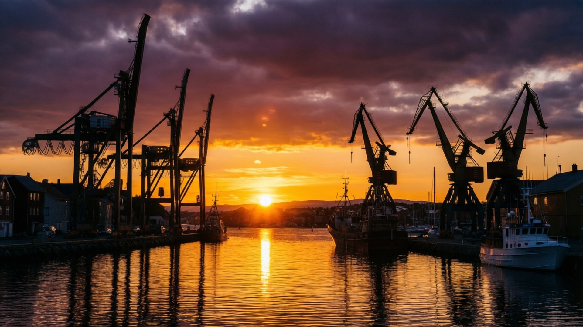 Sandefjord 桌布 壁紙 — 夕陽將金色光芒灑在港口起重機和船隻上，在戲劇性的紫色雲彩襯托下形成剪影。