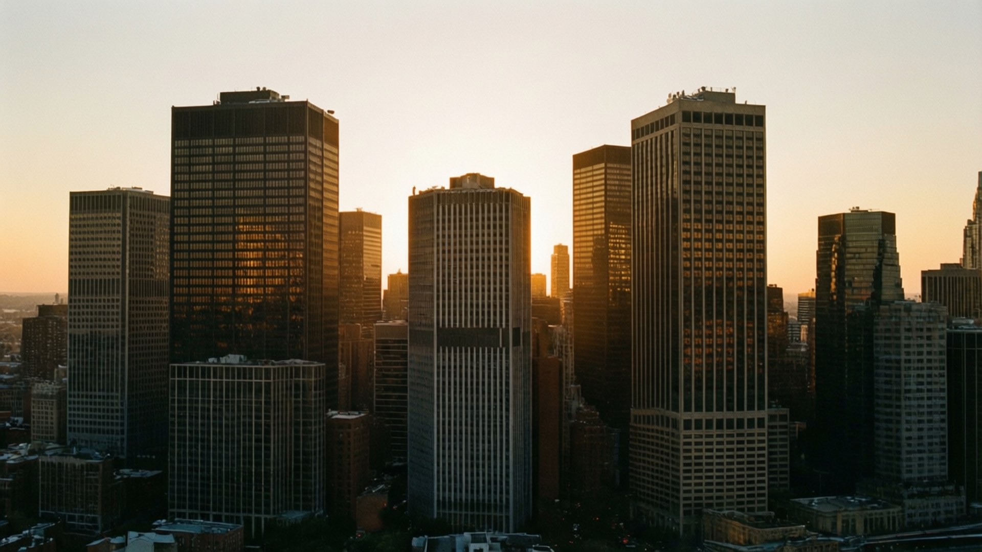 Cityscape Golden Sunset 壁紙 — 夕陽將金色光芒投射在密集城市天際線中高聳的玻璃摩天大樓上。